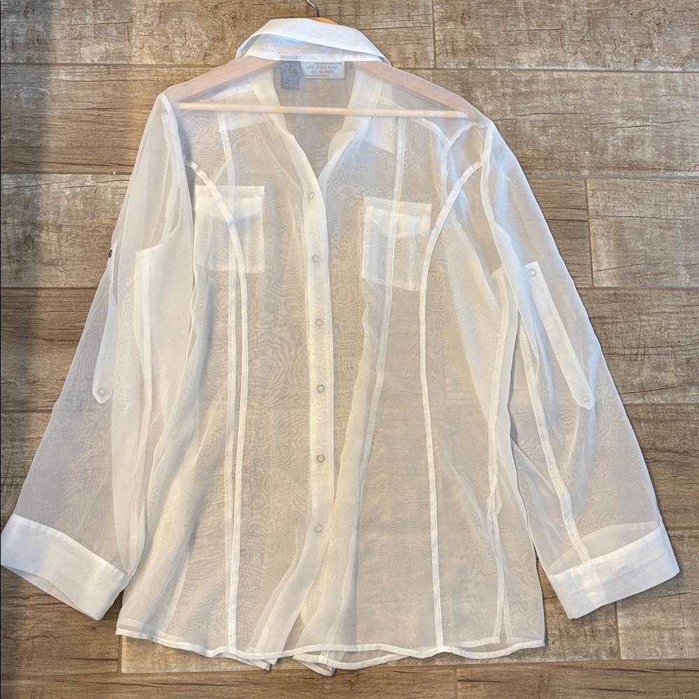 New York City Design Sheer White Button-Up Blouse - Picture 5 of 5